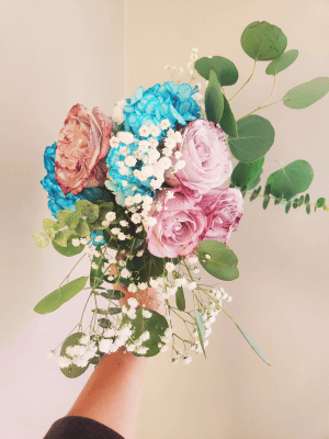 Light Pink and Blue Blossoms with Green Accents